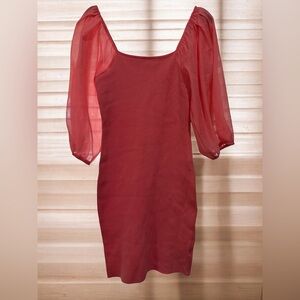 vestique pink Sheer-Puff Sleeve Square Neck Midi Dress